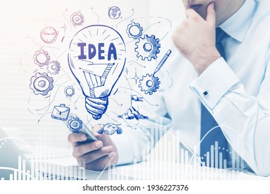 Businessman with smartphone in hand, drawing of bulb with gears and idea title, double exposure with graph changes. Concept of technology and new ideas, success