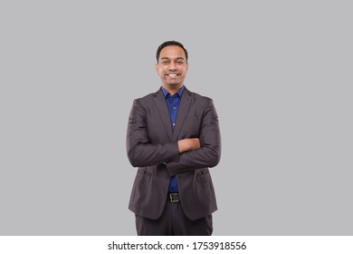 Businessman Smilling Hands Crossed Isolated. Indian Business Man Standing