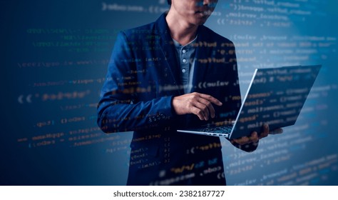 Businessman with software, data hologram and code analytics, information technology, and gdpr overlay. Programmer coding or IT person reading html script, programming, and cyber security research.