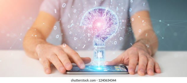 Businessman solving problem with digital question marks on mobile phone 3D rendering