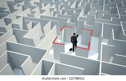 Businessman standing in center of the maze. Make a difficult decision. Achieving the goal. Wide angle. Blueprint. Encounter difficulties. with a stroke.