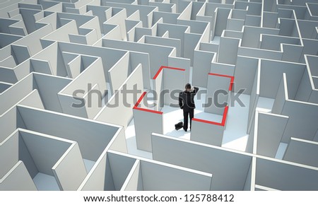 Businessman standing in center of the maze. Make a difficult decision. Achieving the goal. Wide angle. Blueprint. Encounter difficulties. with a stroke.