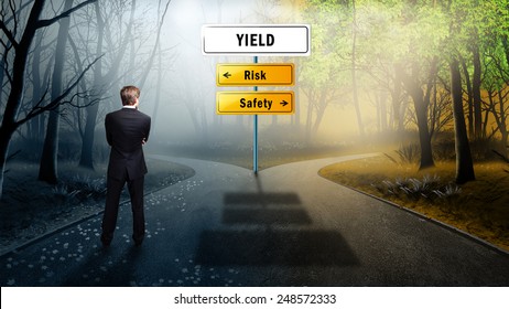 businessman standing at a crossroad to YIELD having the options between risk and safety