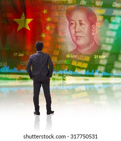 Businessman Standing In Front Of China Stock Market Ticker Concept With Flag And Face Of Mao Zedong On RMB (Yuan) 100 Bill