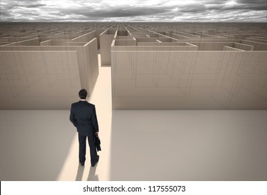 Businessman standing in front of the entrance to the maze. Make a decision. Achieving the goal. Without the sign 