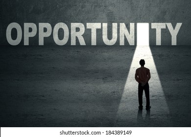 Businessman standing in front of opportunity door - Shutterstock ID 184389149