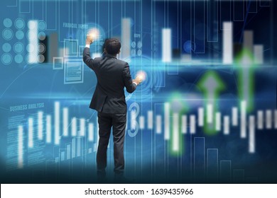 Businessman Standing Hand Touch Screen To Analyze Business And
Performance,investment Statistics,digital Working Background Virtual Panel,chart And Financial Stock Graph,concept Business Innovation