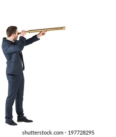 Businessman Standing And Looking Through Telescope On White Background