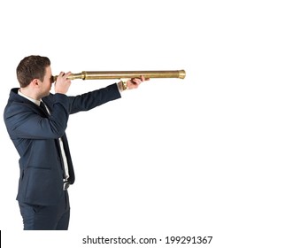 Businessman Standing And Looking Through Telescope On White Background