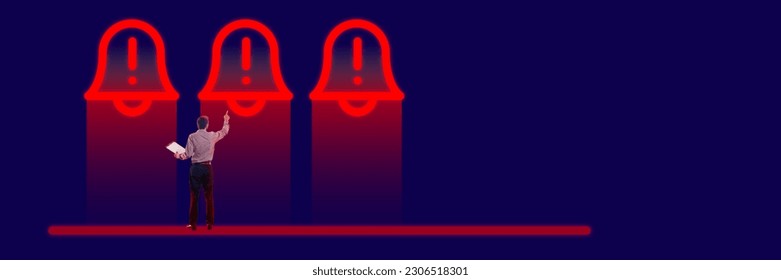 Businessman standing near giant neon colored bells symbolizing notification, reminders. Creative conceptual design. Management and planning. Concept of business, office, modern technologies. Banner - Powered by Shutterstock