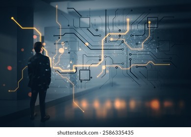 Businessman standing near a glowing circuit design on a dark futuristic background. Concept of technology, innovation, and virtual systems