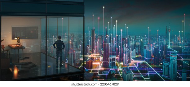 Businessman standing at office with abstract line and dot connect with gradient line design panoramic city view. Business success with smart big data technology concept - Shutterstock ID 2206467829