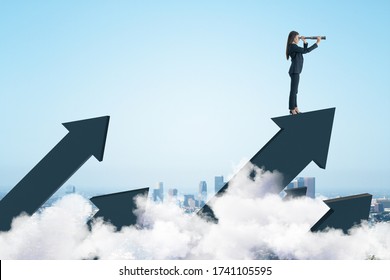 Businessman standing on abstract arrow and using telescope on city background. Finance and vision concept