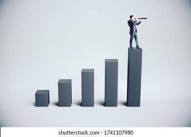 Businessman Standing On Abstract Gray Chart And Using Telescope To Look Into The Distance. Success And Forward Concept.