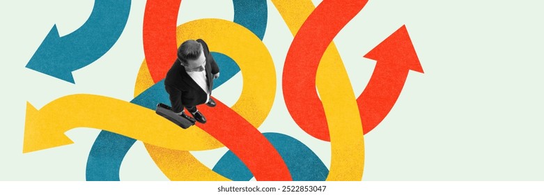 Businessman standing on many tangled multicolored arrows, symbolizing complexity to find right direction in business. Contemporary art collage. Concept of business, progress, achievement, development