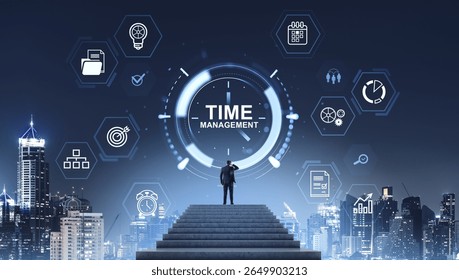 A businessman stands on stairs looking at a digital clock surrounded by productivity icons, futuristic graphic style, urban night background, concept of time management