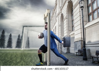 Businessman Stepping Through Door To A Soccer Field, Half Business Man Half Soccer Player. In A City And Soccer Field. 