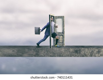 Businessman Stepping Through Door To A Soccer Player. Half Business Man Half Soccer Player.