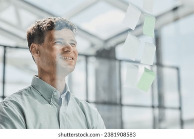 Businessman, sticky notes and work schedule for project planning