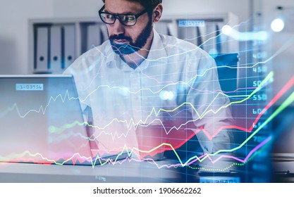 Businessman Or Stock Trader Analyzing Stock Graph Chart By Fibonacci Indicator, Side View Business Woman Using Laptop To Buy Or Sell Stock, Double Exposure Graph, Internet Trading