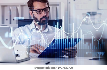 Businessman Or Stock Trader Analyzing Stock Graph Chart By Fibonacci Indicator, Side View Business Woman Using Laptop To Buy Or Sell Stock, Double Exposure Graph, Internet Trading