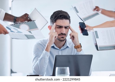 Businessman Stress, Headache And Office Chaos, Anxiety And Sad In Crazy, Busy And Frustrated Company. Burnout, Deadline And Poor Time Management, Worker Challenge And Mental Health, Crisis Or Mistake