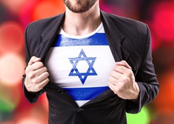 Businessman Stretching Suit With Israel On Bokeh Background