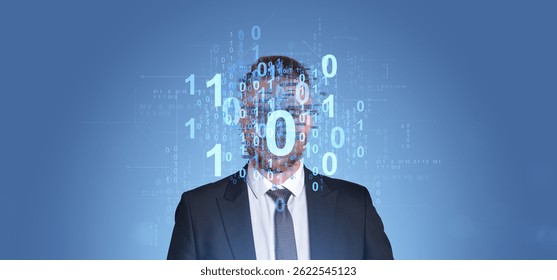Businessman in a suit with binary code overlay on face, digital art style, blue gradient background, concept of artificial intelligence and virtual assistant
