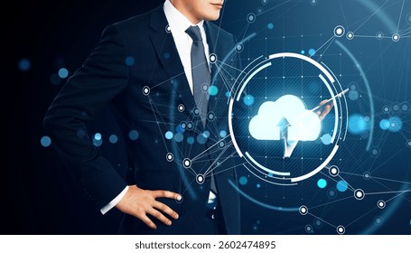 Businessman in suit with cloud computing icon, network connections, and digital interface on dark blue background. Futuristic technology concept