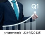 Businessman in suit drawing business growth data chart with diagram, report on company investment progress, quarterly report, Q1 first quarter