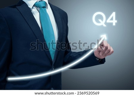 Businessman in suit drawing business growth data chart with diagram, report on company investment progress, quarterly report, Q4 fourth quarter