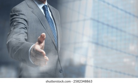 Businessman in a suit extending a handshake. Professional gesture, handshake, business attire. Corporate setting, handshake in business context.