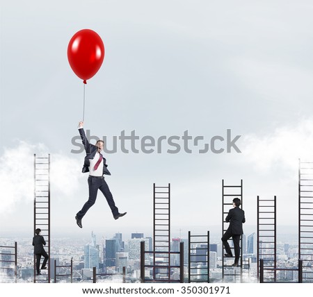 businessman in a suit flying happily holding a balloon over Paris, men climbing ladders, concept of success and career growth