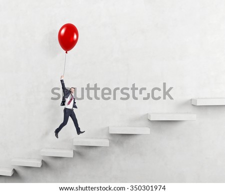 businessman in a suit flying happily holding a balloon over carrer ladder, white background, concept of success and career growth