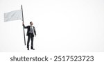 Businessman in a suit holding a large white flagpole, standing on a light white background. Concept of surrender, peace, or marketing