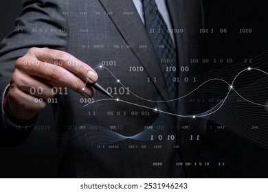 Businessman in a suit interacts with digital binary code. Technology and binary code concept. Binary code and technology in business setting. Technology for business and finance. - Powered by Shutterstock - Get 15% off with code: PIKWIZARD15