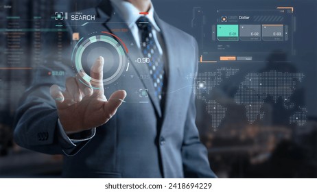 Businessman in suit jacket touching modern search engine technology dashboard magnifier touch screen in gesture of seaching data on computer network