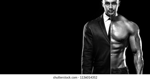 Businessman in suit and muscular young fitness sports man. Workout in fitness gym. Copy space for fitness nutrition ads.