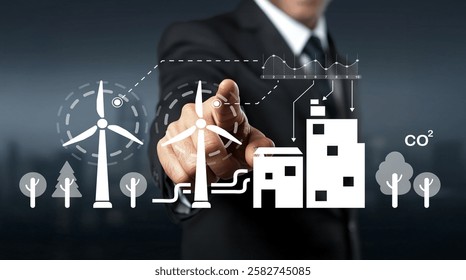 A businessman in a suit points towards wind turbines and a city while displaying a modern data visualization, emphasizing renewable energy and sustainable urban planning.