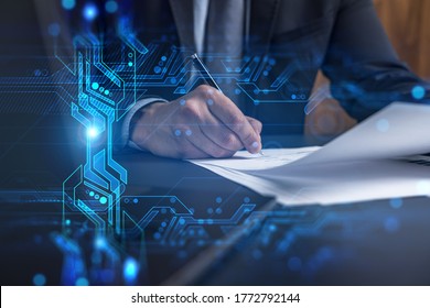 Businessman In Suit Signs Contract. Double Exposure With Technology Illustration Hologram. New Partnership In It Business Concept.