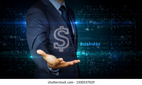 A Businessman In A Suit Touch Screen With Dollar Symbol Hologram. Man Using Hand On Virtual Display Interface. Science, Danger Icon And Cyber War Futuristic Concept.