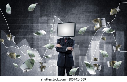 Businessman in suit with TV instead of head keeping arms crossed while standing against flying euros and analytical charts drawn on wall on background. 3D rendering.