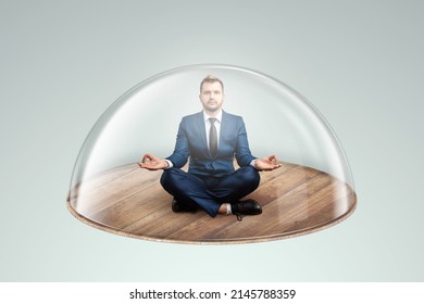 Businessman In A Suit Under A Glass Dome. The Concept Of Insurance, Risk Assessment, Protection, Strategy, Plan