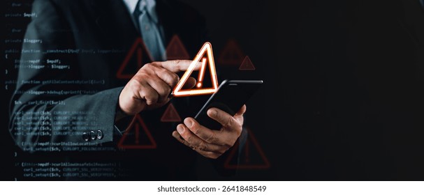 businessman in a suit uses a smartphone with floating warning icons and digital code overlay, symbolizing cybersecurity threats, system vulnerabilities, caution alerts, and digital risk awareness.