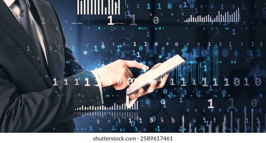 Businessman in suit using tablet with digital data, binary code, and virtual analytics on dark background. Concept of technology and networking