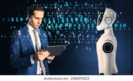 Businessman in suit using tablet while communicating with humanoid robot, surrounded by binary code, on a dark futuristic background
