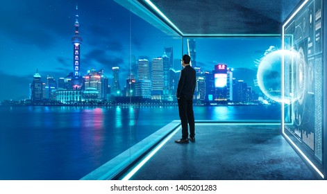 Businessman in suit
 with virtual 3d holographic interface screens . Futuristic business, technology, internet and social networking  technology concept . - Powered by Shutterstock