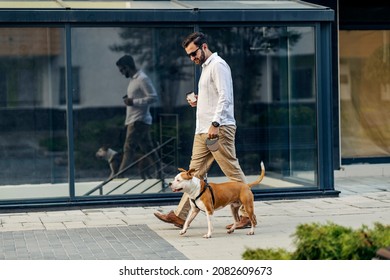 A businessman with sunglasses dressed smart casual is holding coffee to go and walking his dog in the urban exterior. A businessman with a dog on a leash - Shutterstock ID 2082609673