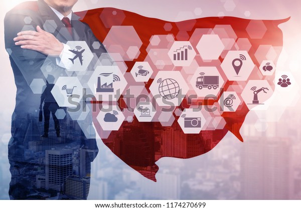businessman superhero, leadership and victory in\
business with Internet of things (IOT) objects icon and Internet\
networking concept, Connect global wireless devices with each\
other, Mixed Media.\
