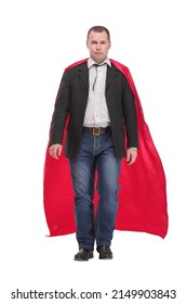 Businessman In A Superman Cloak Walking Over White Background